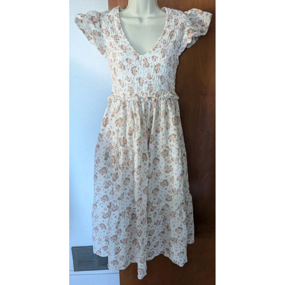 OPT One Pretty Time Prairie Dress Womens Sz L Phoebe Cottage Core Floral Smocked